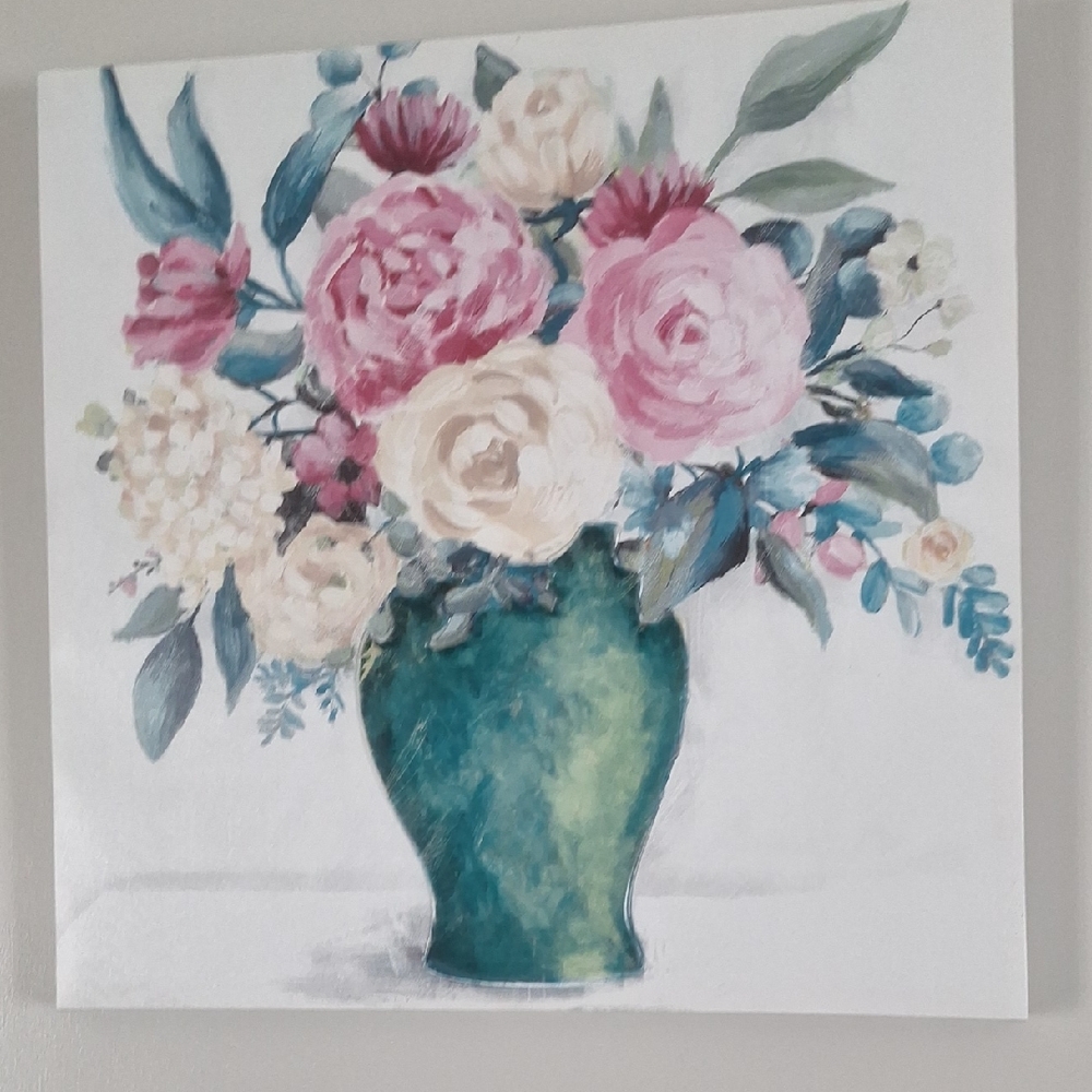Floral Canvas Art with Green Vase